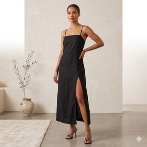 POSSE Black Linen Theo Midi Dress Square Neck Adjustable Straps Slit Size M